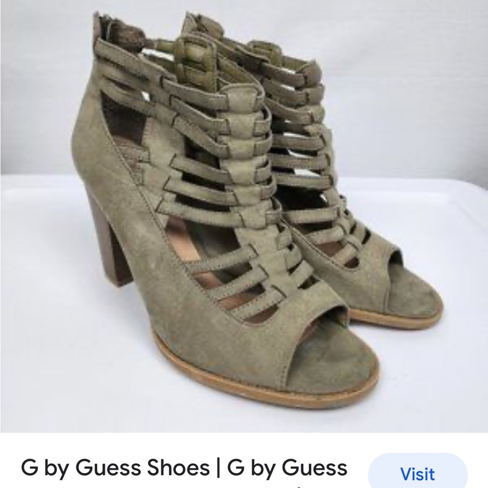 Major sale $16 was $29 Guess Marciano platform heels taupe green caged s…